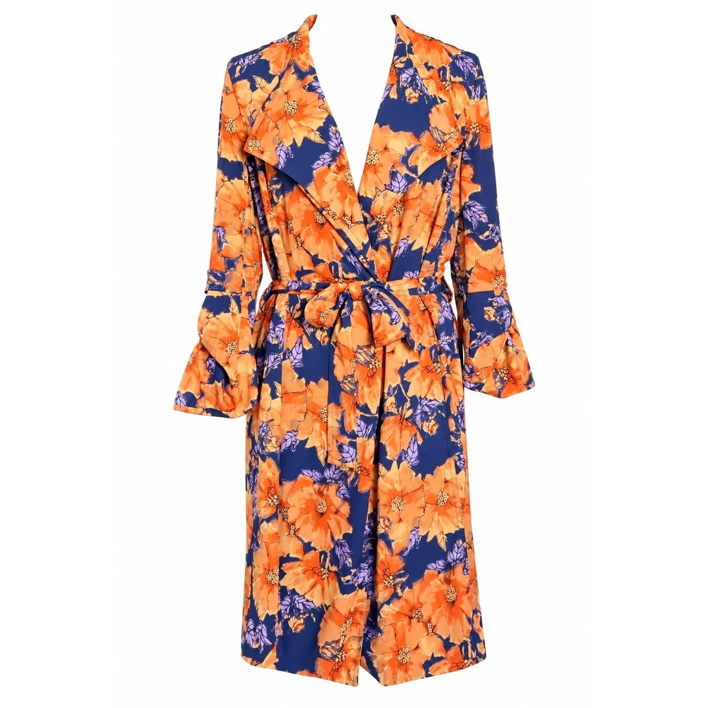 Aritzia Babaton Quincey Floral Trench Coat Navy Orange Belted Duster Jacket S